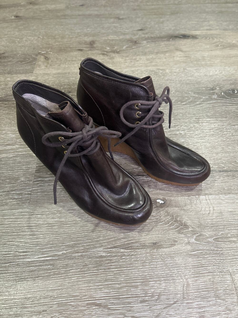 MICHAEL Michael Kors Rory Dark Brown Leather Wedge Ankle Booties NWOB Women Sz 9
